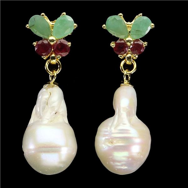 EMERALD AND PEARL EARRINGS IN 14K YELLOW PLATED GOLD OVER 925 STERLING SILVER - APPRAISED REPLACEMEN