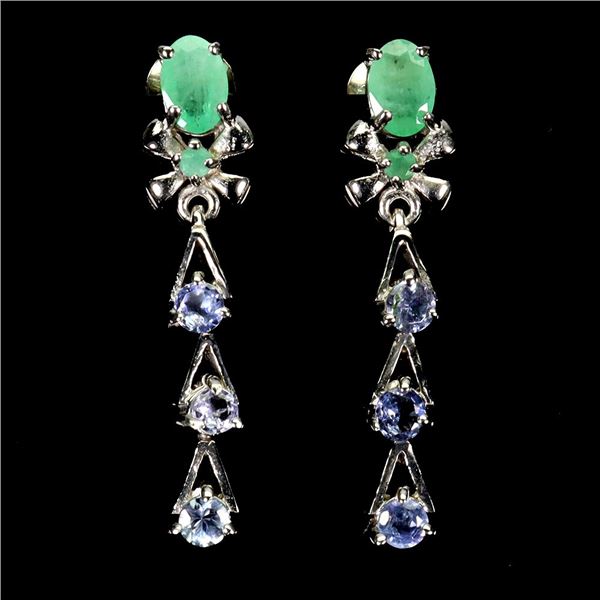 EMERALD AND TANZANITE EARRINGS IN 14K WHITE PLATED GOLD OVER 925 STERLING SILVER - APPRAISED REPLACE