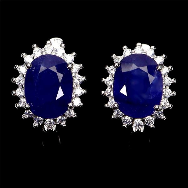 BIG 8X6 mm BLUE SAPPHIRE EARRINGS IN 14K WHITE PLATED GOLD OVER 925 STERLING SILVER - APPRAISED REPL