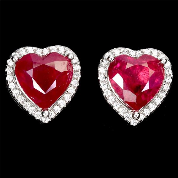 LOVELY HEART SHAPPED RUBY EARRINGS IN 14K WHITE PLATED GOLD OVER 925 STERLING SILVER - APPRAISED REP