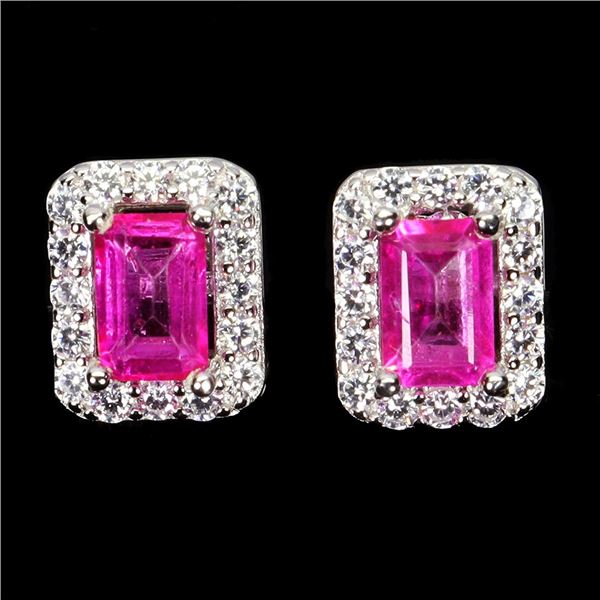 OCTAGON CUT 6X4 mm PINK TOPAZ EARRINGS IN 14K WHITE PLATED GOLD OVER 925 STERLING SILVER - APPRAISED