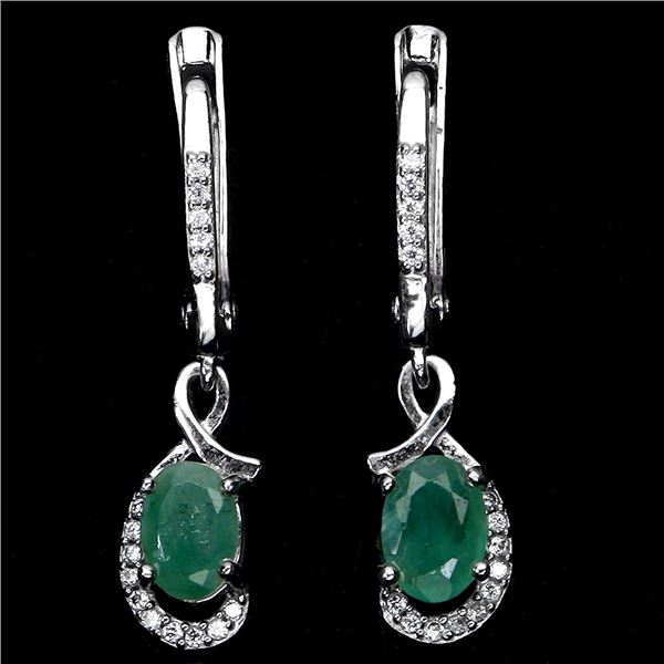 GOOD CLARITY 7X5 mm OVAL CU EMERALD EARRINGS IN 14K WHITE PLATED GOLD OVER 925 STERLING SILVER - APP