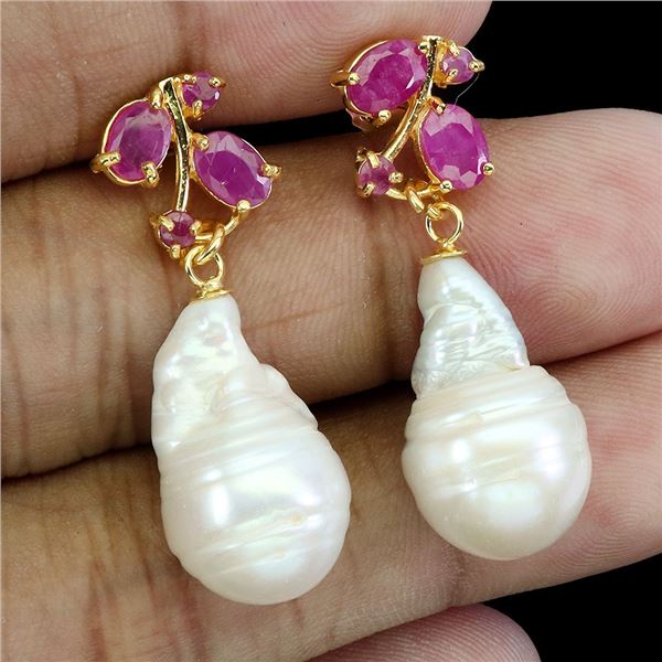 RUBY AND NATURAL PEARLS EARRINGS IN 14K YELLOW PLATED GOLD OVER 925 STERLING SILVER - APPRAISED REPL