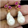Image 1 : RUBY AND NATURAL PEARLS EARRINGS IN 14K YELLOW PLATED GOLD OVER 925 STERLING SILVER - APPRAISED REPL