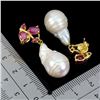 Image 3 : RUBY AND NATURAL PEARLS EARRINGS IN 14K YELLOW PLATED GOLD OVER 925 STERLING SILVER - APPRAISED REPL