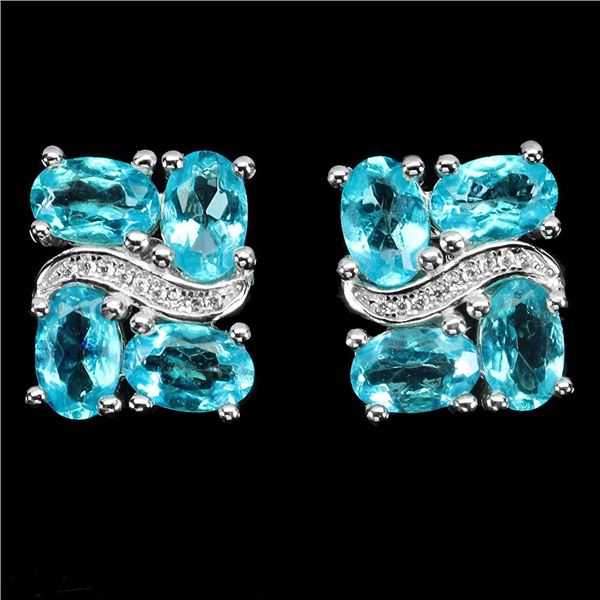 OVAL CUT PARAIBA BLUE TOPAZ EARRINGS IN 14K WHITE PLATED GOLD OVER 925 STERLING SILVER - APPRAISED R