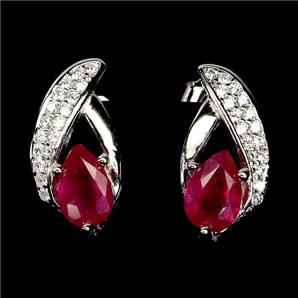 PEAR CUT 6X4 mm RUBY EARRINGS IN 14K WHITE PLATED GOLD OVER 925 STERLING SILVER - APPRAISED REPLACEM