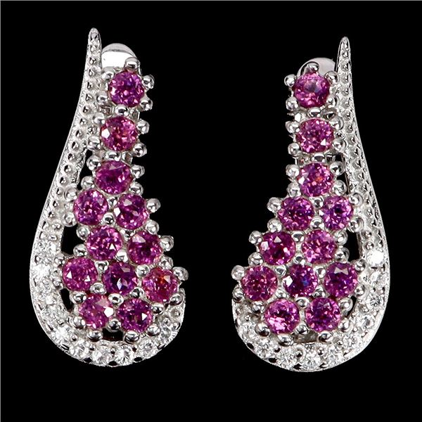 ROUND CUT RHODOLIDE GARNET EARRINGS IN 14K WHITE PLATED GOLD OVER 925 STERLING SILVER - APPRAISED RE