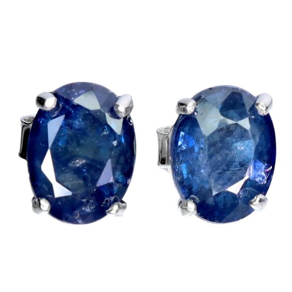 8X6 mm BLUE SAPPHIRE EARRINGS IN 14K WHITE PLATED GOLD OVER 925 STERLING SILVER - APPRAISED REPLACEM