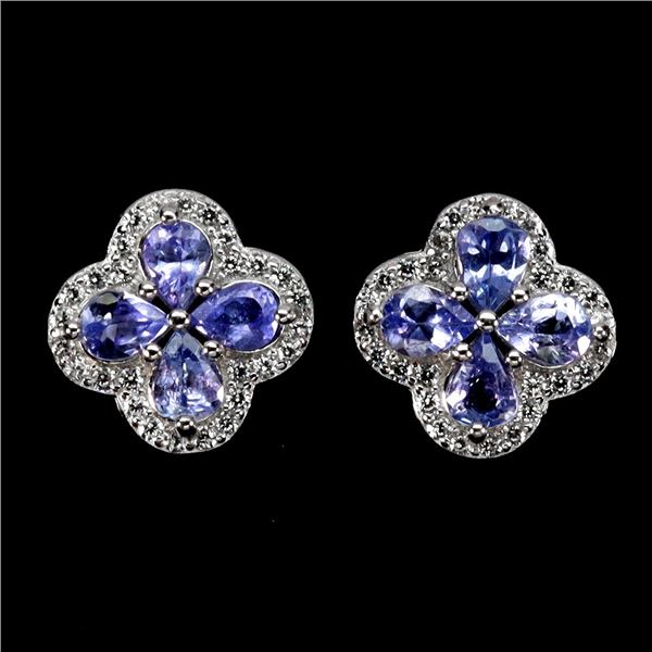 TANZANITE EARRINGS IN 14K WHITE PLATED GOLD OVER 925 STERLING SILVER - APPRAISED REPLACEMENT VALUE C