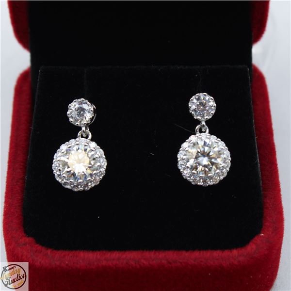 2.00 CARATS GRA CERTIFIED ROUND BRILLIANT CUT EARRINGS, WITH 30 ROUND CUT CUBIC ZIRCONIA, SET IN 925