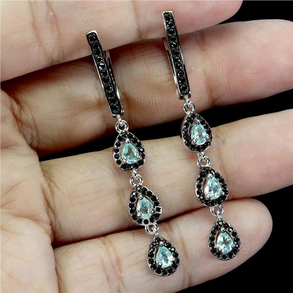 GORGEOUS PEAR CUT BLUE APATITE AND VALUABLE BLACK SPINEL EARRINGS IN 14K WHITE PLATED GOLD OVER 925 