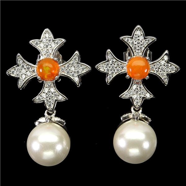 ROUND ORANGE OPAL AND PEARL EARRINGS IN 14K WHITE PLATED GOLD OVER 925 STERLING SILVER - APPRAISED R