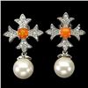 Image 1 : ROUND ORANGE OPAL AND PEARL EARRINGS IN 14K WHITE PLATED GOLD OVER 925 STERLING SILVER - APPRAISED R