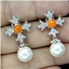 Image 2 : ROUND ORANGE OPAL AND PEARL EARRINGS IN 14K WHITE PLATED GOLD OVER 925 STERLING SILVER - APPRAISED R