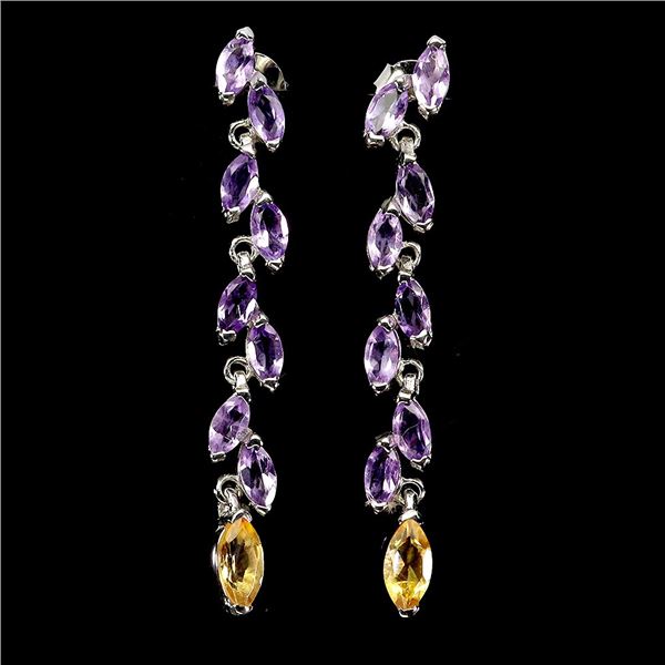 MARQUISE CUT CITRINE AND AMETHYST IN 14K WHITE PLATED GOLD OVER 925 STERLING SILVER - APPRAISED REPL