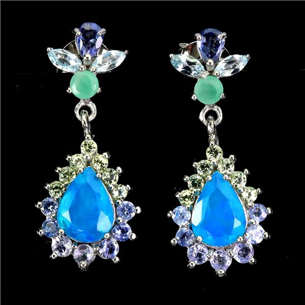 BEAUTIFUL PEAR CUT BLUE OPAL, EMERALD AND TANZANITE EARRINGS IN 14K WHITE PLATED GOLD OVER 925 STERL