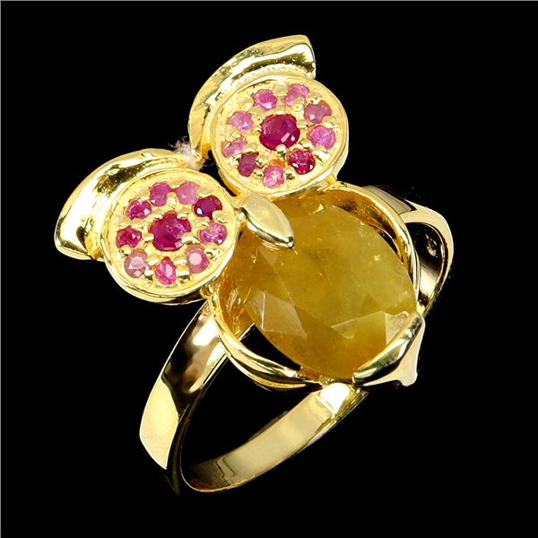 OVAL YELLOW SAPPHIRE AND RUBY RING IN 14K WHITE PLATED GOLD OVER 925 STERLING SILVER - SIZE 8 - APPR