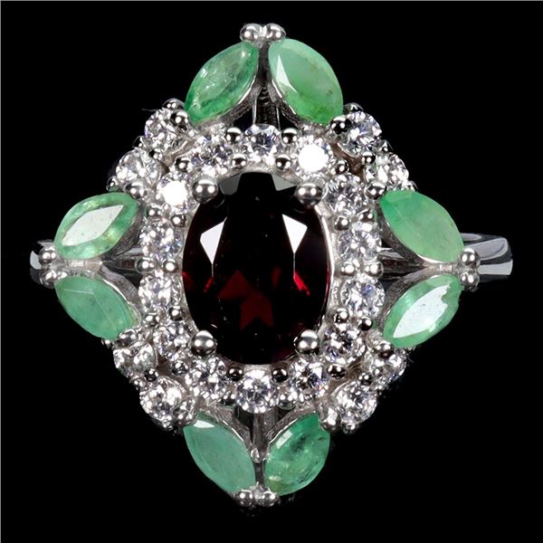 BIG 8X6 mm RHODOLITE GARNET AND EMERALD IN 14K WHITE PLATED GOLD OVER 925 STERLING SILVER - APPRAISE