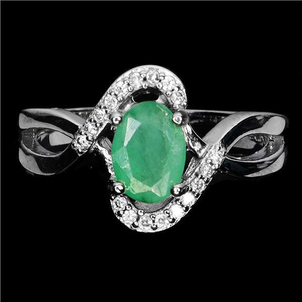 OVAL 7X5 mm EMERALD RING IN 14K WHITE PLATED GOLD OVER 925 STERLING SILVER - SIZE 7 - APPRAISED REPL