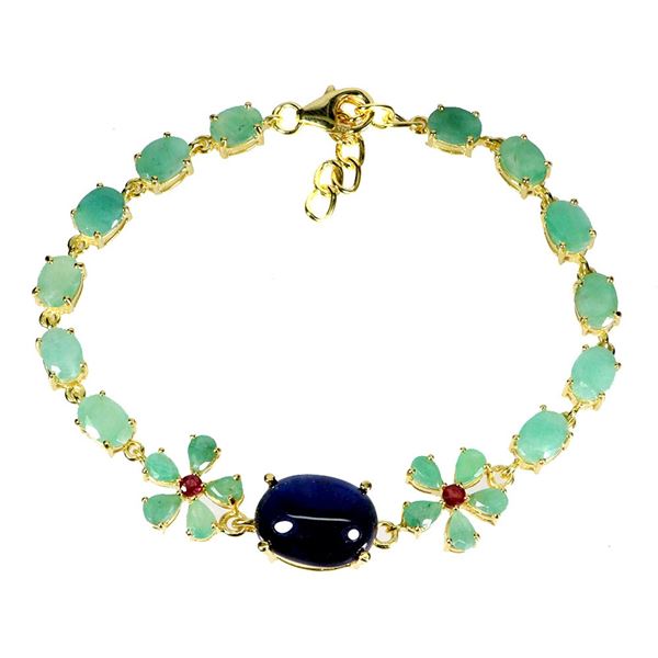 STUNNING BIG 14X11 mm BLUE SAPPHIRE, EMERALD AND RUBY BRACELET IN 14K YELLOW PLATED GOLD OVER 925 ST