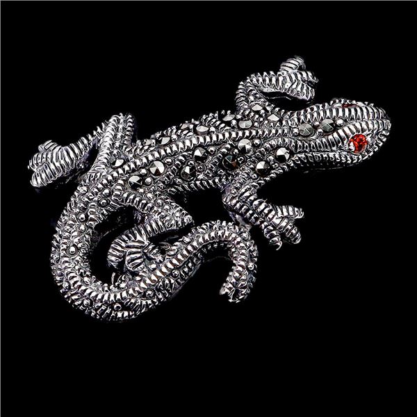 ROUND CUT MARCASITE AND CZ LIZARD SHAPPED BROOCH IN 925 STERLING SILVER