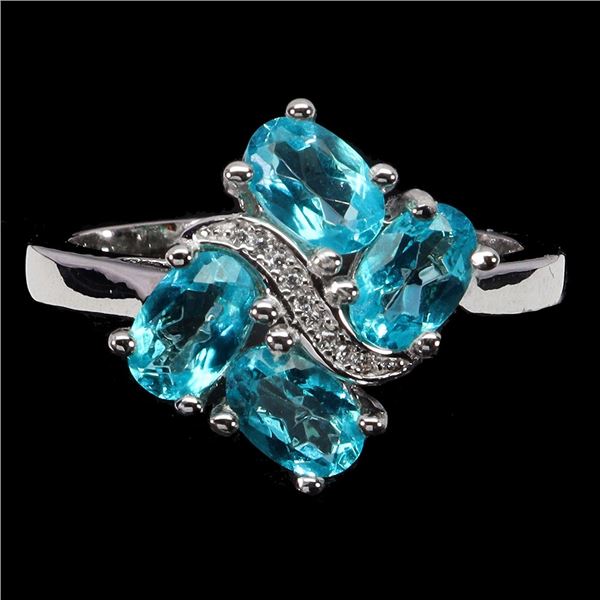 OVAL CUT PARAIBA BLUE TOPAZ RING IN 14K WHITE PLATED GOLD OVER 925 STERLING SILVER - APPRAISED REPLA