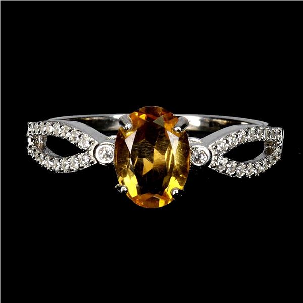 8X6 mm OVAL CUR CITRINE RING IN 14K WHITE PLATED GOLD OVER 925 STERLING SILVER - SIZE 7 - APPRAISED 