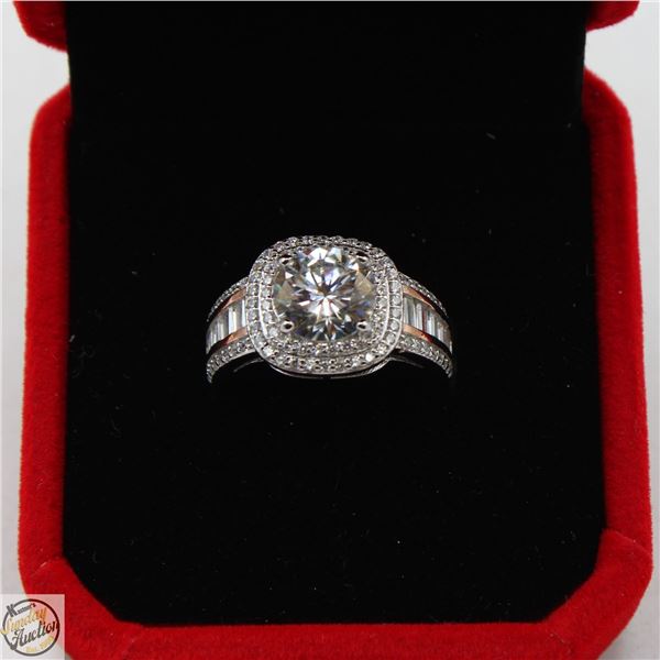 2.00 CARATS GRA CERTIFIED ROUND BRILLIANT CUT MOISSANITE RING, WITH 88 ROUND CUT CUBIC ZIRCONIA, SET