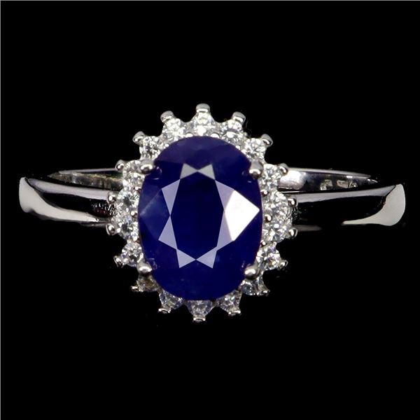 BIG 8X6 mm BLUE SAPPHIRE RING IN 14K WHITE PLATED GOLD OVER 925 STERLING SILVER - SIZE 8 - APPRAISED