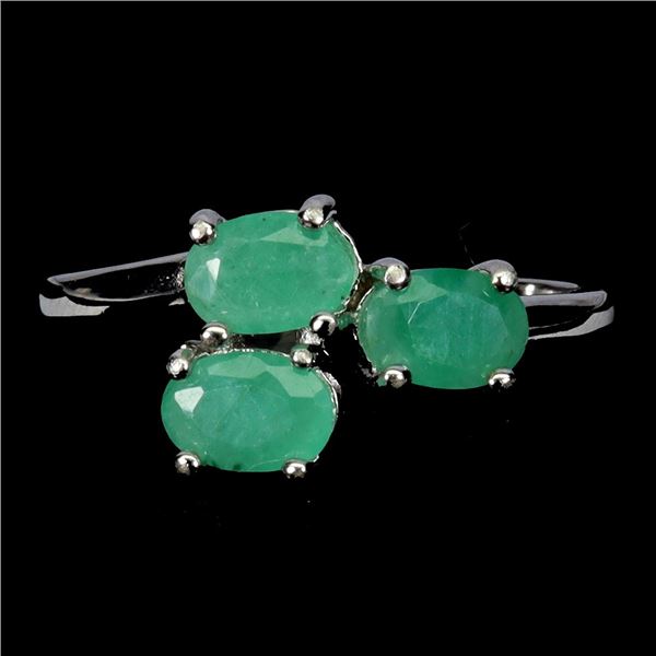 EMERALD RING IN 14K WHITE PLATED GOLD OVER 925 STERLING SILVER - SIZE 8 - APPRAISED REPLACEMENT VALU