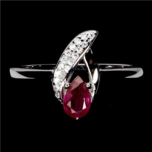 RUBY RING IN 14K WHITE PLATED GOLD OVER 925 STERLING SILVER - SIZE 8 - APPRAISED REPLACEMENT VALUE C