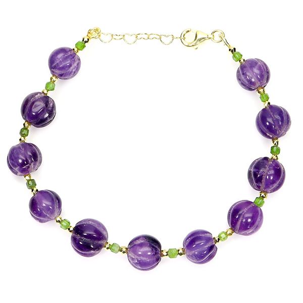 CARVED AMETHYST AND EMERALD BRACELET 10MM STONES IN 14K YELLOW PLATED GOLD OVER 925 STERLING SILVER 