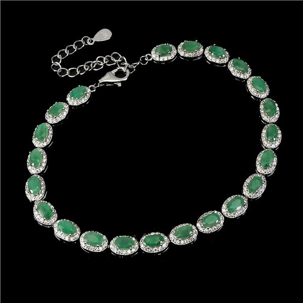 OVAL CUT EMERALD BRACELET 5X3 mm IN 14K WHITE PLATED GOLD OVER 925 STERLING SILVER - 8 INCHES LONG -