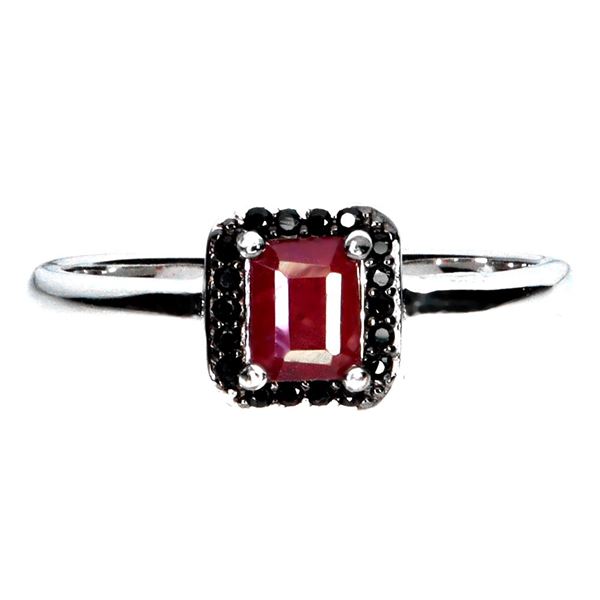 OCTAGON CUT RUBY 5X4 mm AND BLACK SPINEL IN 14K WHITE PLATED GOLD OVER 925 STERLING SILVER - SIZE 7 