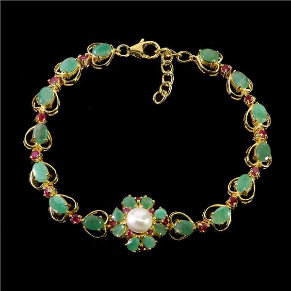 EMERALD, RUBIES AND PEARL BRACELET IN 14K YELLOW PLATED GOLD OVER 925 STERLING SILVER - 8 INCHES LON
