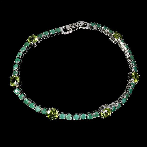 EMERALD AND PERIDOT BRACELET IN 14K WHITE PLATED GOLD OVER 925 STERLING SILVER - 7 INCHES LONG - APP