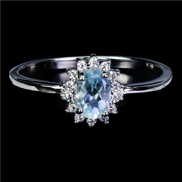 BEAUTIFUL 6X4 mm AQAMARINE RING IN 14K WHITE PLATED GOLD OVER 925 STERLING SILVER - SIZE 7 - APPRAIS