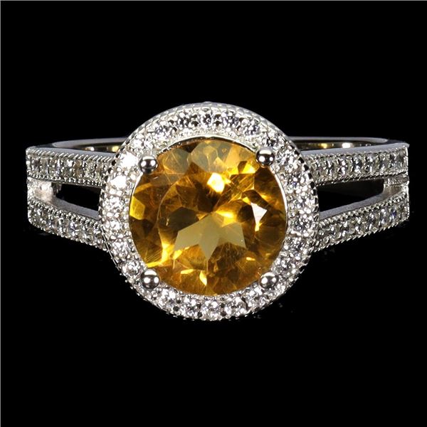 ROUND 8 mm NATURAL CITRINEAND CZ RING IN 14K WHITE PLATED GOLD OVER 925 STERLING SILVER - SIZE 8 - A