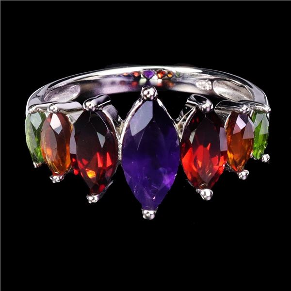MARQUISE CUT AMETHYST, CITRINE, MOZAMBIQUE GARNET AND CHROME DIOPSIDE RING IN 14K WHITE PLATED GOLD 