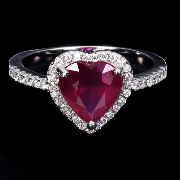 HEART SHAPPED RUBY RING IN 14K WHITE PLATED GOLD OVER 925 STERLING SILVER - SIZE 7 - APPRAISED REPLA