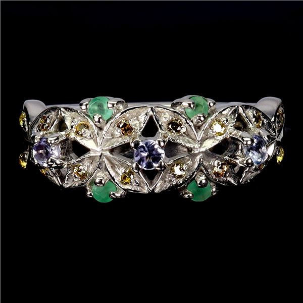 TANZANITE, EMERALD AND SAPPHIRE RING IN 14K WHITE PLATED GOLD OVER 925 STERLING SILVER - SIZE 7 - AP