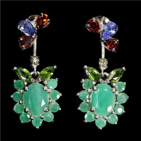 STUNNING BIG 8X6 mm EMERALD, CITRINE, CHROMNE DIOPSIDE, PERIDOT AND TANZANITE EARRINGS IN 14K WHITE 