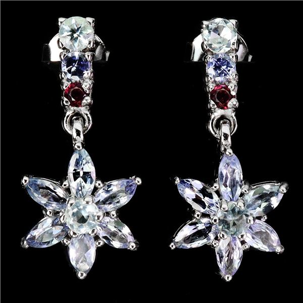 TANZANITE, AQUAMARINE AND RHODOLITE GARNET EARRINGS IN 14K WHITE PLATED GOLD OVER 925 STERLING SILVE