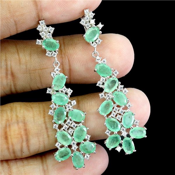 LUXURY EMERALD EARRINGS IN 14K WHITE PLATED GOLD OVER 925 STERLING SILVER - APPRAISED REPLACEMENT VA