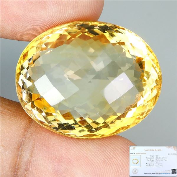 JUMBO 71.85 CARATS OVAL CUT NATURAL UNHRATED YELLOW CITRINE 29X23 mm - APPRAISED REPLACEMENT VALUE C