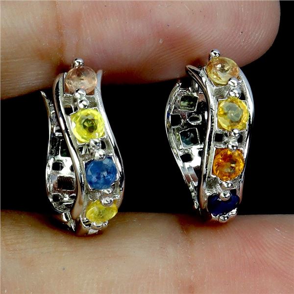 MULTICOLOR SAPPHIRES EARRINGS IN 14K WHITE PLATED GOLD OVER 925 STERLING SILVER - APPRAISED REPLACEM