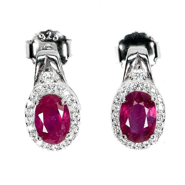7X5 mm OVAL RUBY AND CZ EARRINGS IN 14K WHITE PLATED GOLD OVER 925 STERLING SILVER - APPRAISED REPLA