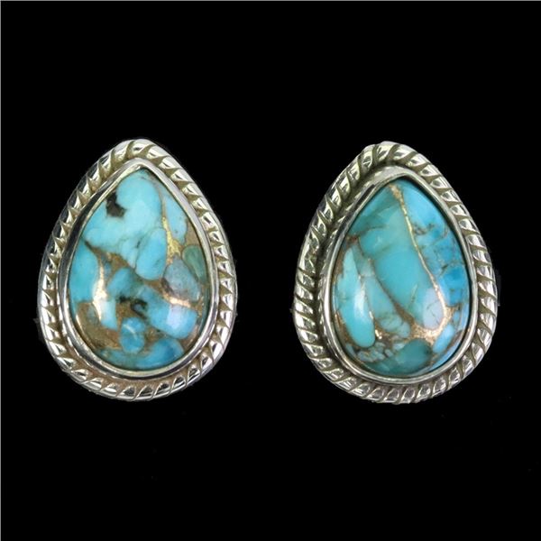 PEAR CUT 10X7 mm KINGMAN TURQUOISE EARRINGS IN 14K WHITE PLATED GOLD OVER 925 STERLING SILVER - APPR