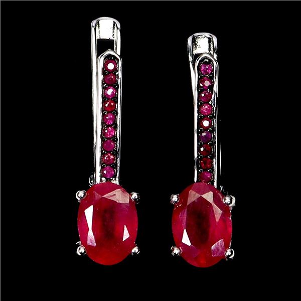 EXCEPTIONAL 7X5 mm RUBY DIAMOND CUT EARRINGS IN 14K WHITE PLATED GOLD OVER 925 STERLING SILVER - APP